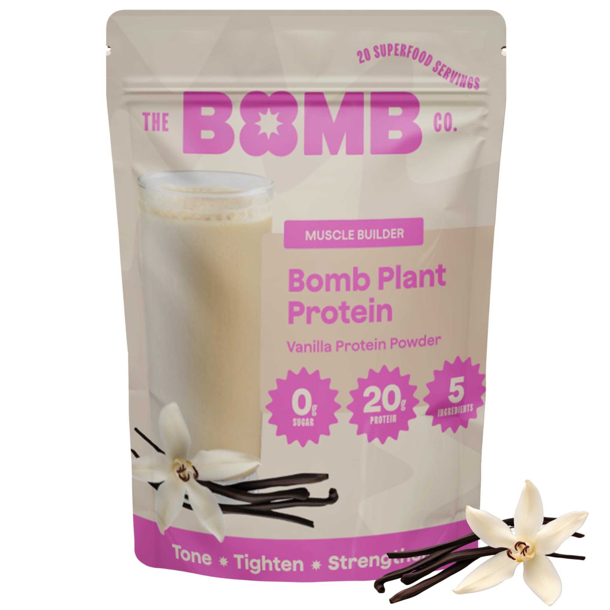 The Bomb Co. Bomb Plant Protein, Protein Powder with 20g Protein, Amino Acids, Zero Sugar, Pea Protein, Chia Seeds, Pumpkin Seeds, Vanilla & Monk Fruit, Gluten Free, Vanilla Flavor, 20 Srvgs