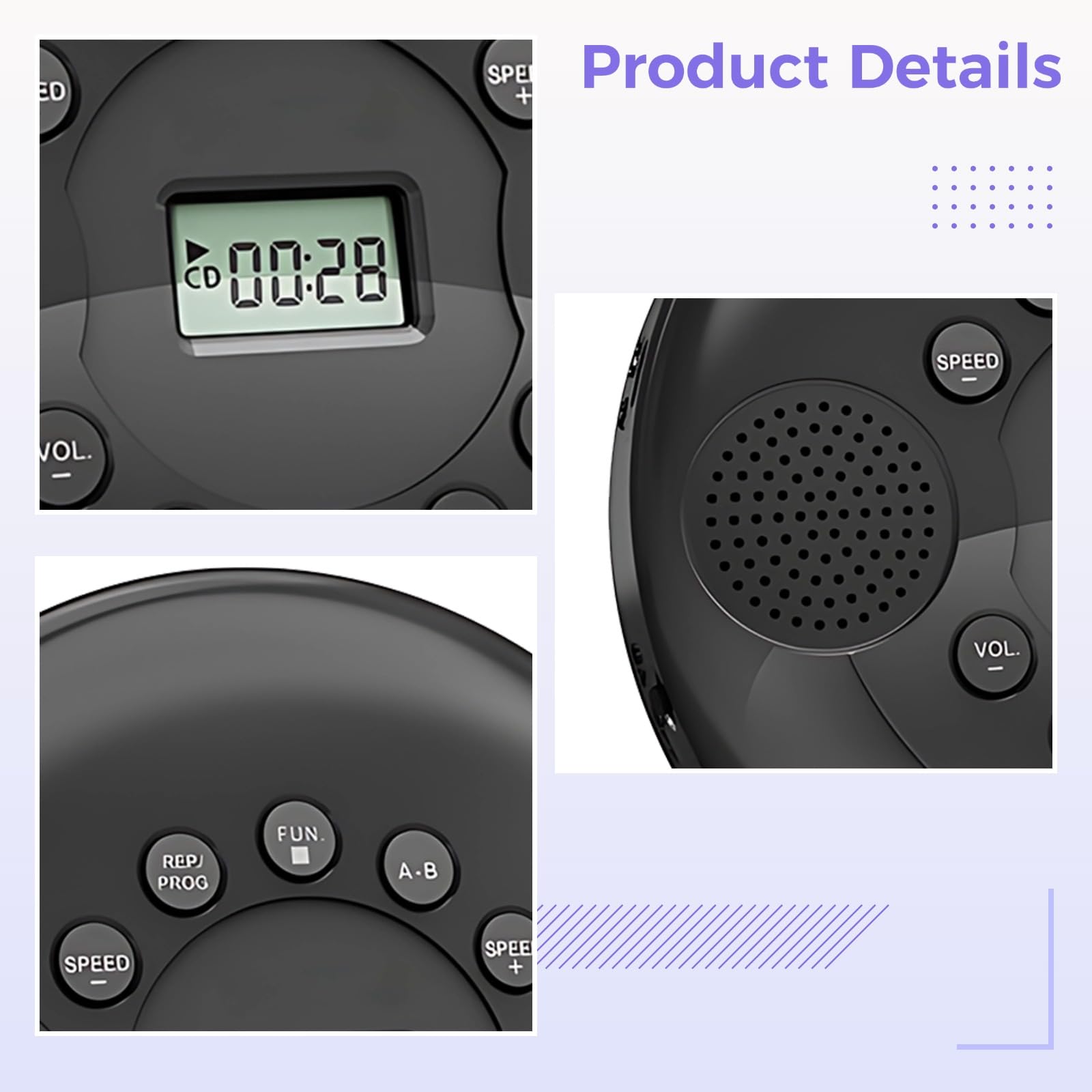 Lecteur CD Portable avec Connexion sans Fil et USB, Son stéréo, Compatible MP3, CD, CD-R, CD-RW, Batterie intégrée, AUX et USB, idéal pour la Voiture et la Maison