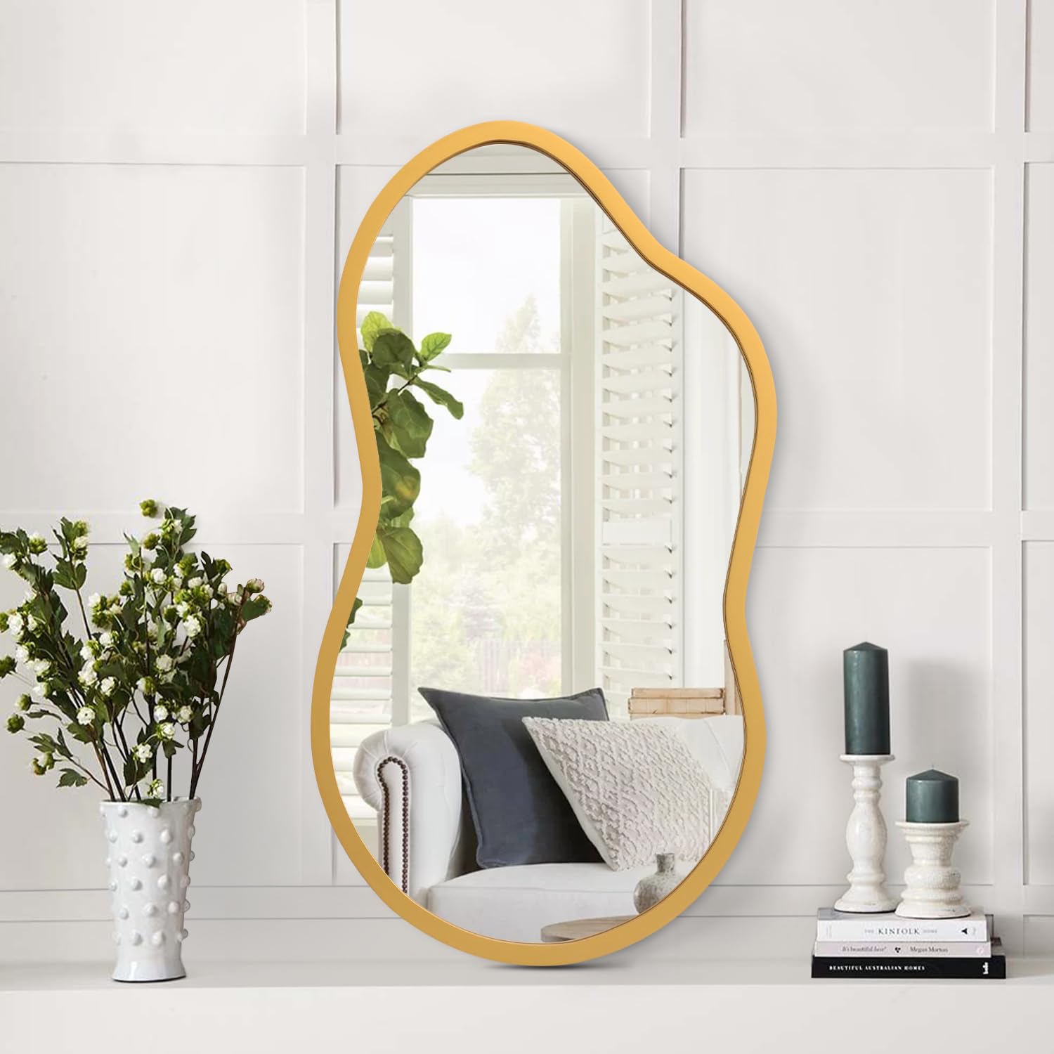 AAZZKANG Asymmetrical Small Mirror with Wooden Frame Irregular Decorative Wall Mirrors for Bedroom Dressing Room Living Room Bathroom Entryway Gold