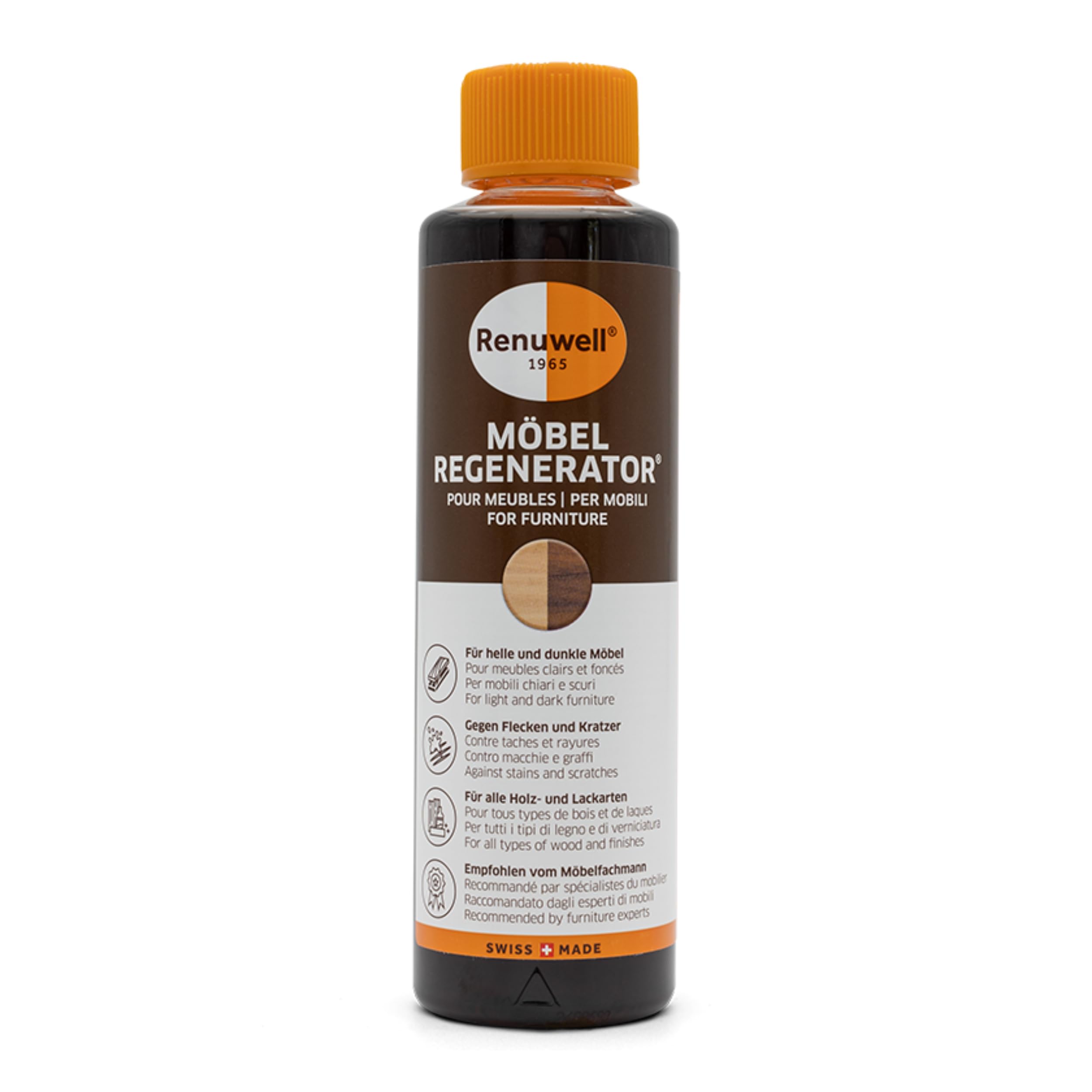 Renuwell Regenerador de muebles, 500 ml, cuidado intensivo y regeneración para muebles y superficies de madera, elimina manchas de agua, arañazos y calor, anillos de calidad suiza