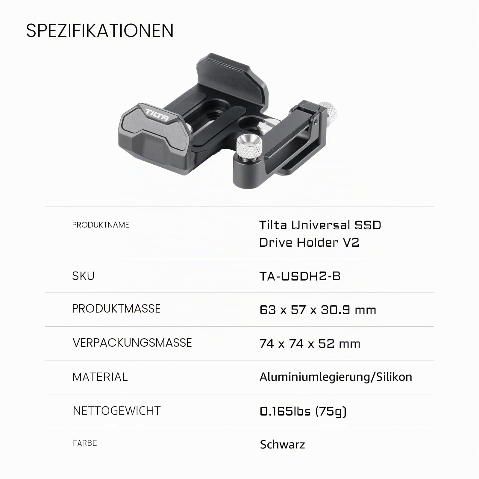 Tilta Universal SSD Laufwerkhalter V2 mit 1/10.2 cm-20 Slot, passend für 50-70mm breite und 15mm dicke SSDs - Schwarz TA-USDH2-B