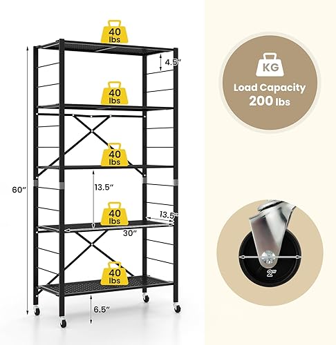 Miniatura 3 de GOFLAME Estantes de almacenamiento plegables de 5 niveles, estantes ajustables con ruedas, estantería desmontable, gran capacidad, estante de