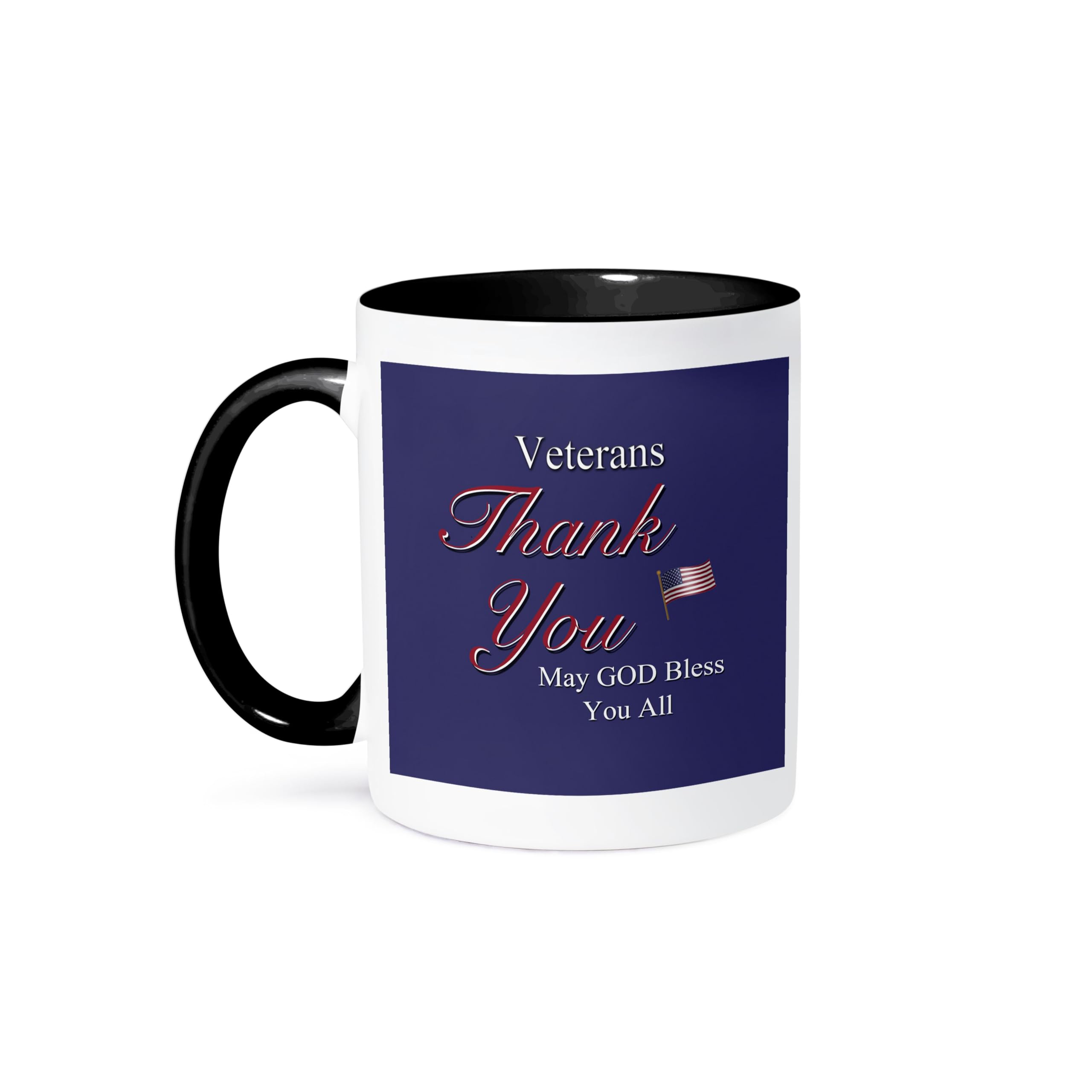 3dRose mug_36111_4 "Thank You Veterans, May God Bless you all. Text art with USA flag in red, white and blue." Two Tone Black Mug, 11 oz, Multicolor