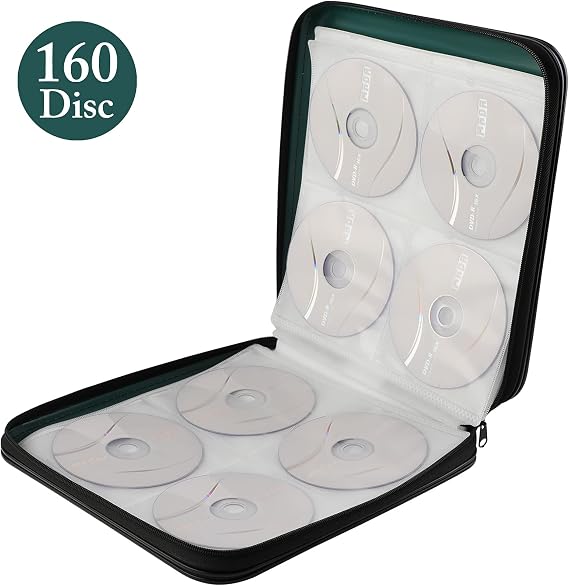 DVD Storage CD Case Holder: 160 Capacity CD Sleeves Black Disc Cases Binder for Car - CD Hard Organizer Box - Large DVD Wallet for Movie/Music/Game & Portable CD Book (160 Capacity Green)