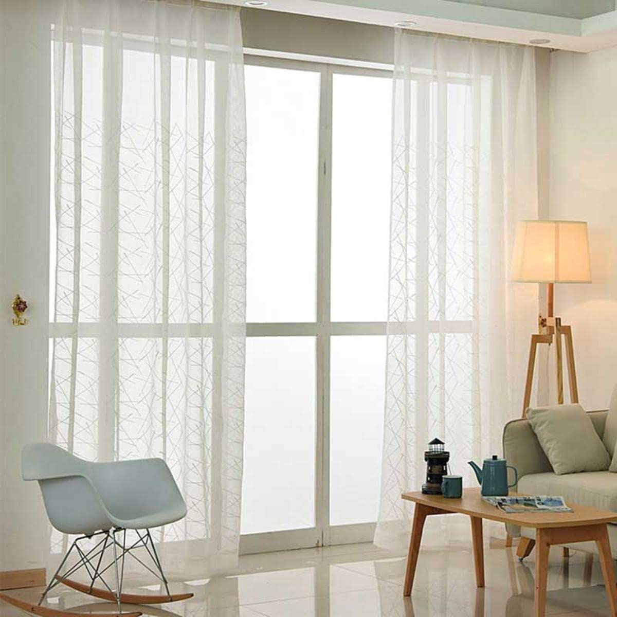 Blanc Broderie Tulle Fenêtre Rideaux pour Salon Géométrie Sheer Rideaux pour Chambre Voile Rideau Rideaux Aveugle Fini-Blanc,W400xL250cm 1pc,Ruban pour Crochets
