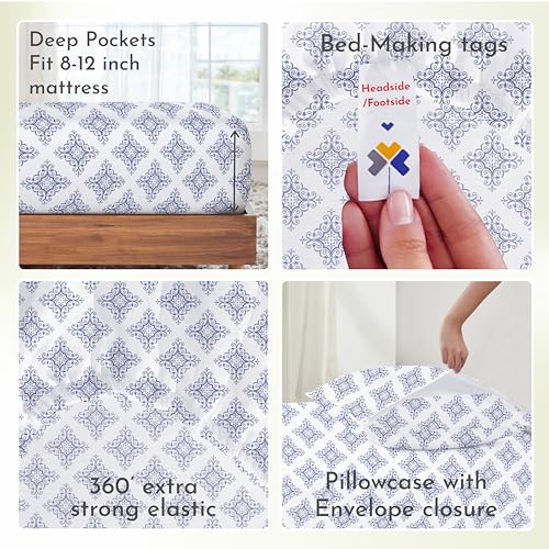 Image of California Design Den Twin Bed Sheet Set, 100% Cotton 12 inch Pocket Twin Sheets & Pillowcase Set, Soft Sateen Weave - Filigree