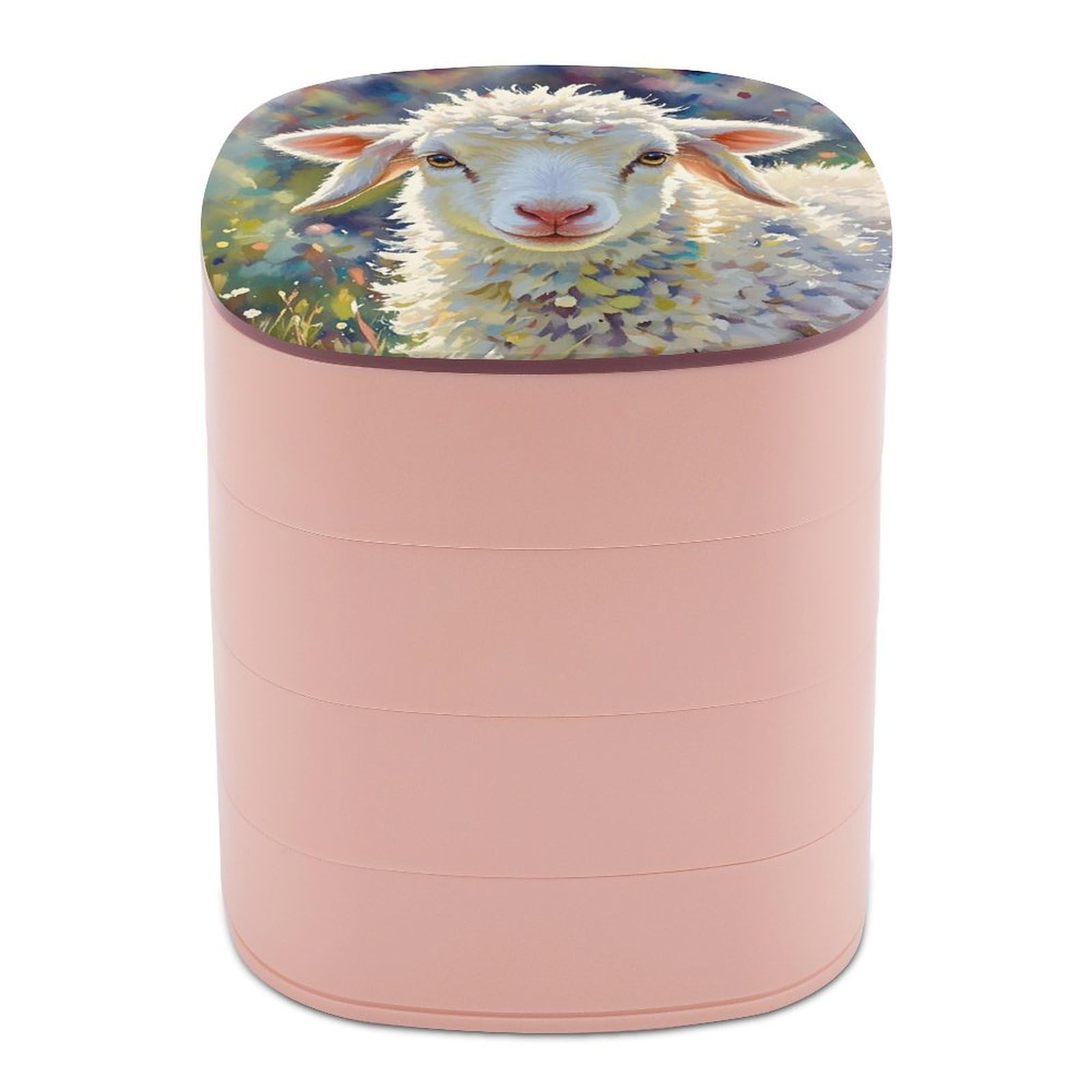 LZQPOEAS Cute Sheep Jewelry Box with Mirror 4-Layer Rotating Travel Jewelry Case Small Jewelry Organizer Portable Jewelry Storage Box Rings Stud Necklaces Earring Holder for Women