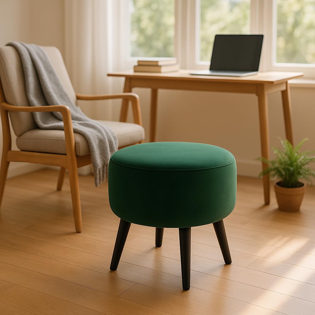 "Green Round Ottoman Stool - 16x16x13 Inches Upholstered Footrest, Wood Frame Cushion, Living Room Furniture, Modern Decorative Accent