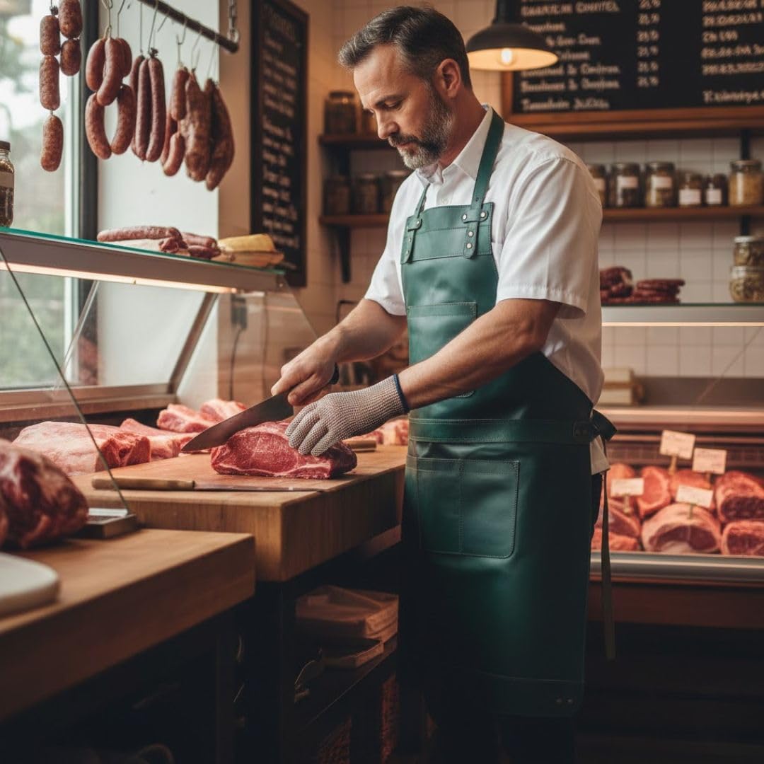 Delantal verde de cuero de grano completo, delantal de carnicero, delantal de cocina, delantal de cocina, delantal de trabajo de madera, delantal de cheff, regalo de parrilla para barbacoa, delantal