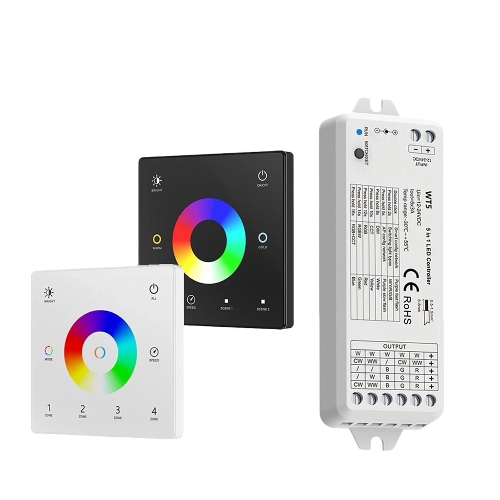 LED Dimmer Controller 5 in 1 Control 2.4G Glass Wall Mount Touch Panel RGB RGBW RGBCCT LED Dimmer Controller Kit 5CH 12V 24V Dimmer(WT5 Only)