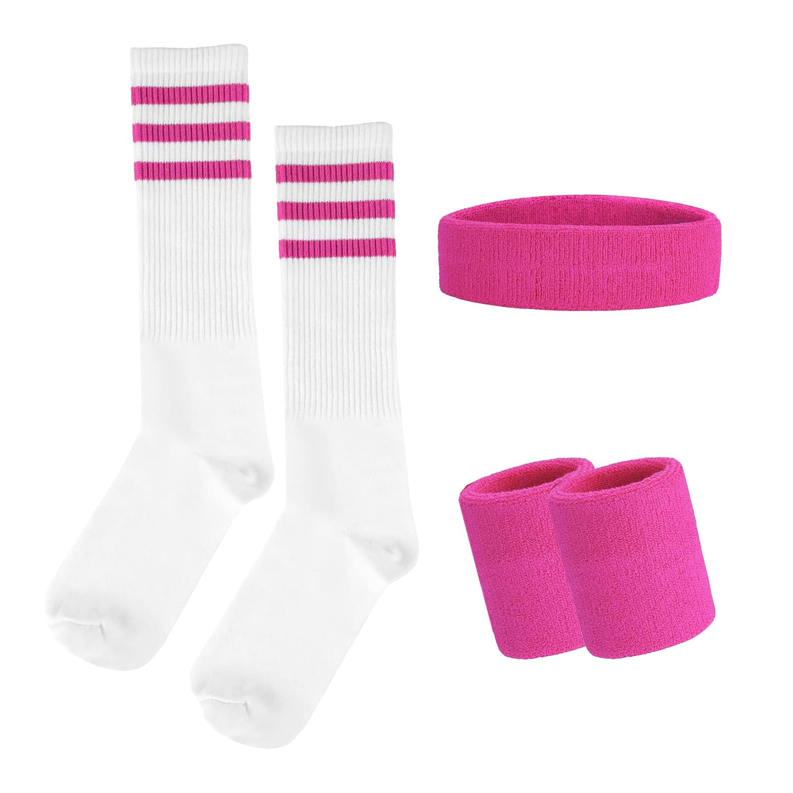 ONUPGO 5-delig gestreept zweetband en sokkenset, gestreept hoofdband, zweetbanden, gestreepte hoge sokken voor mannen, vrouwen, sport en 80er-party (Rood/Wit/Rood