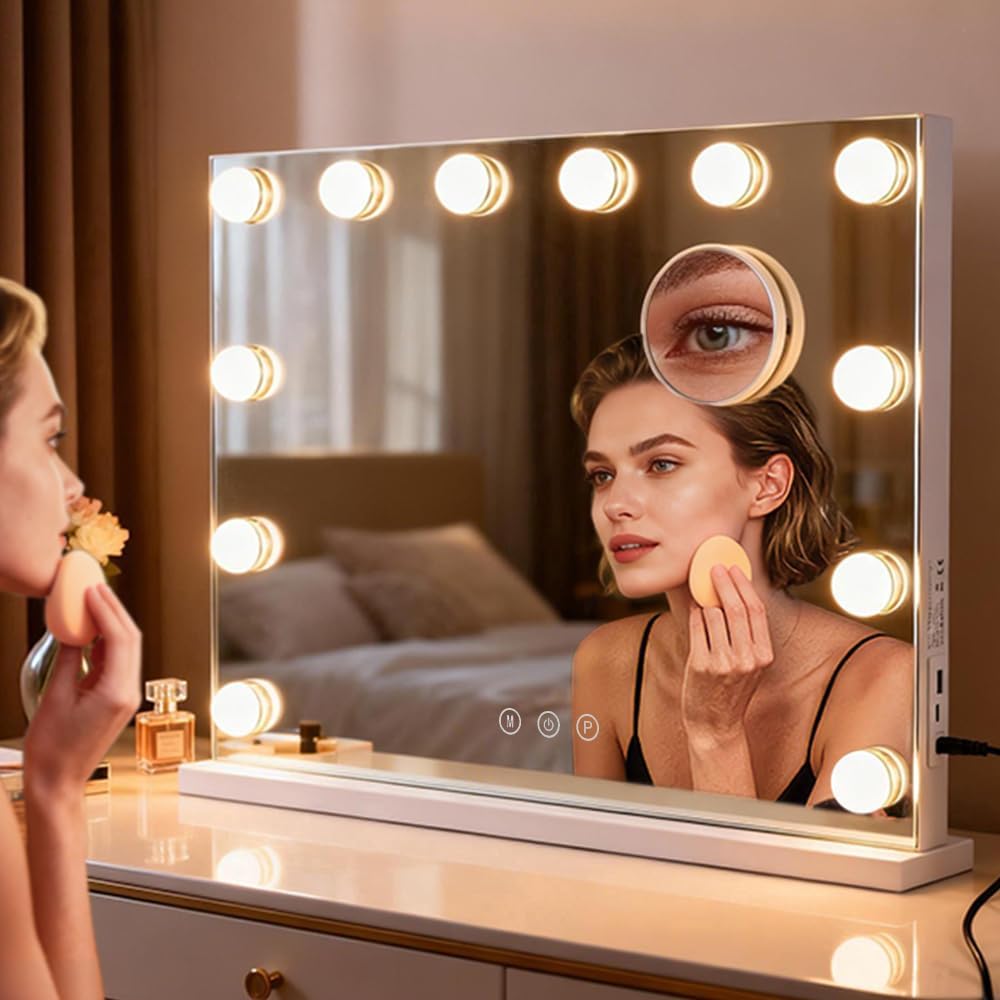 m mivonda vanity mirror with lights, lighted makeup hollywood mirror with dimmable 3 color lights led bulbs for desk and wall, mirrors with plug-in and usb charger for bedroom 20"x17"