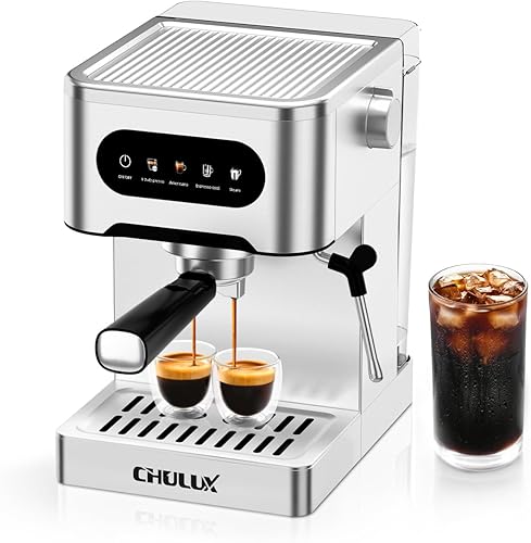 CHULUX Máquina de café expreso en frío, 20 bares de acero inoxidable con pantalla táctil para capuchino y café con leche con varita de vapor para el