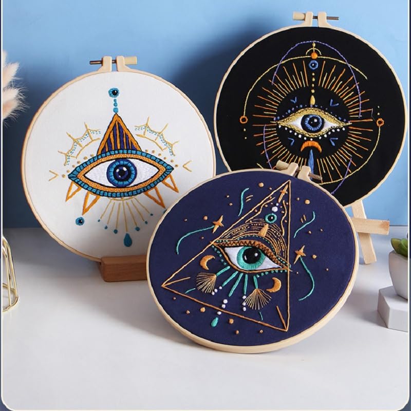 Image of Konrisa 3 Pcs Embroidery Kits with Tarot Cards and Eyes Pattern, Stamped Embroidery Starter Kit for Beginners Adults Needlepoint Kits DIY Sewing Cross Stitch Practice Kit Home Decoration