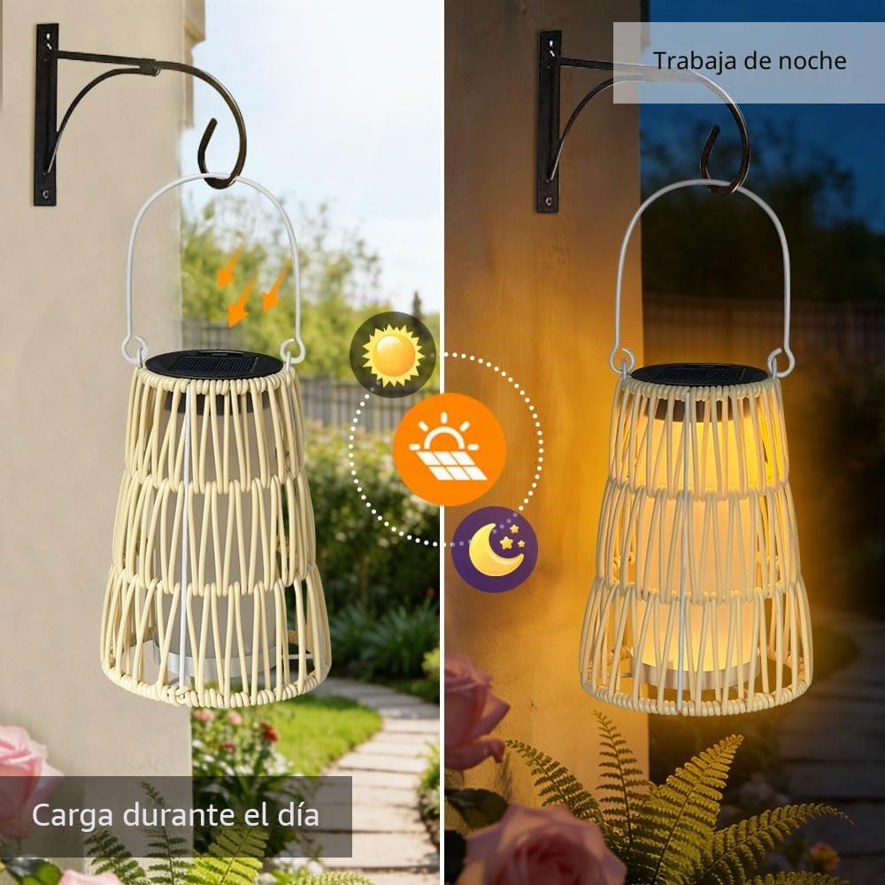 Farolillos Solares Exterior Jardin,2 Ratán Lampara Solar Exterior,IP65 Impermeable Faroles Solares Colgantes,Solar Lights Outdoor,Luces Solares LED Exterior Jardin Decoración para Terraza Balcón Patio
