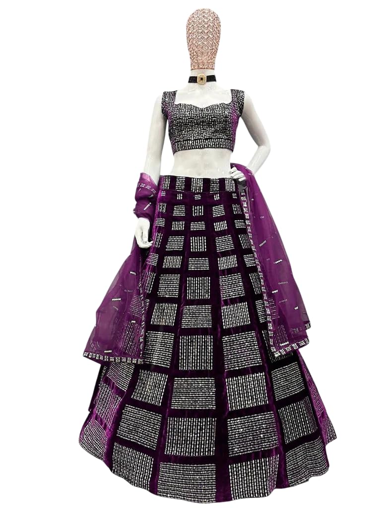 queddy's Semi-Stitched Lehenga Choli with Net Dupatta, Purple, Velvet Fabric, Sequin Embroidered, Bridal Wear-picture-36