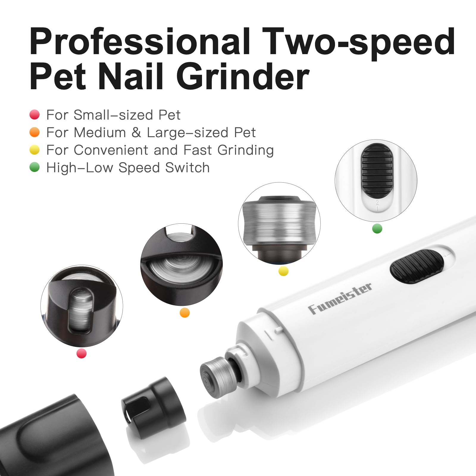 Fumeister Pet Nail Grinder for Dogs, Quiet 2-Speed Rechargeable Dog Nail Trimmer with Type-C Charging - Image 2
