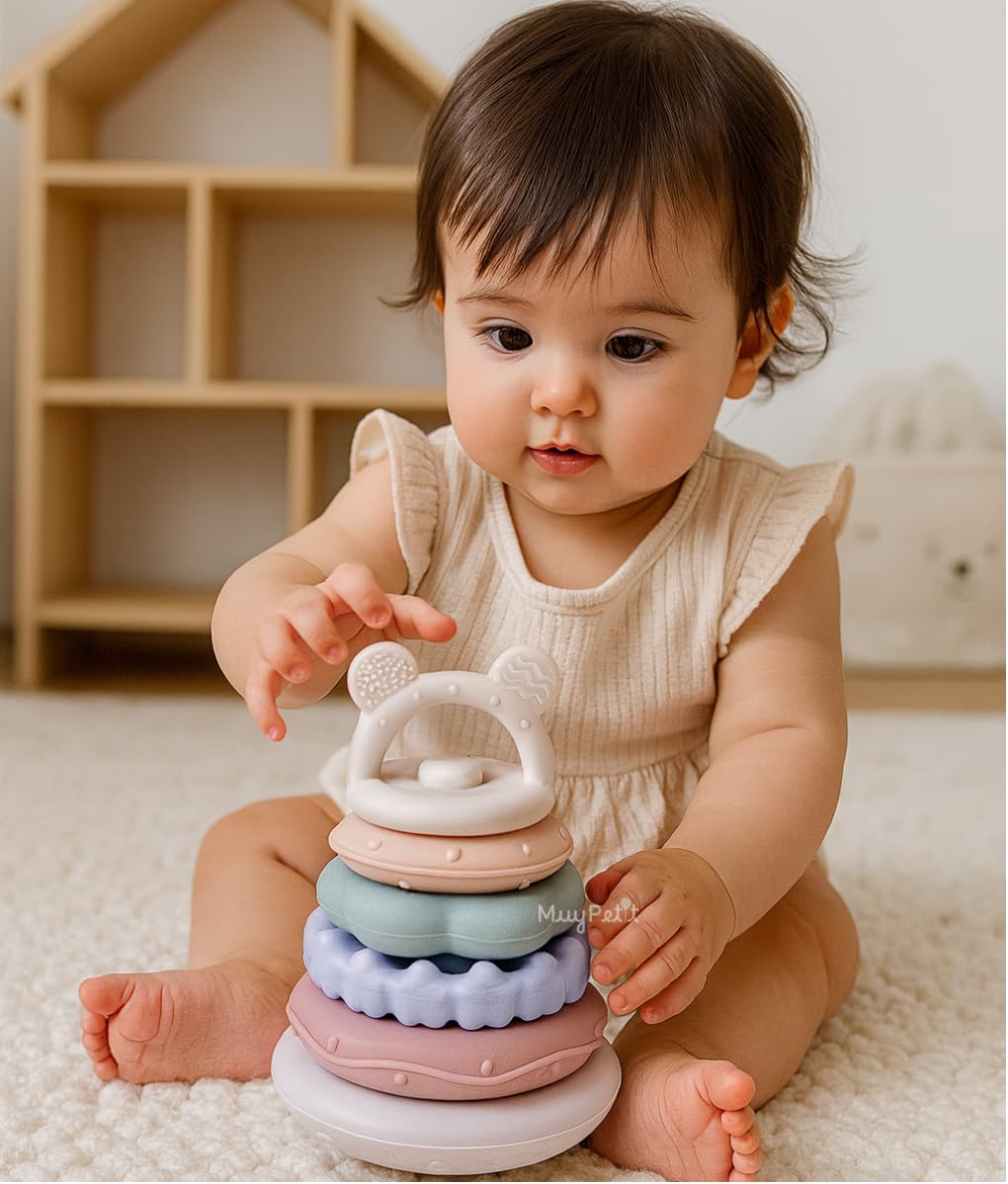 MuyPetit Cubos Apilables Bebé Silicona, Mordedor Silicona, Juguetes Montessori bebé 6-12 meses, Torre Apilable Sensorial para Estimulación y Aprendizaje, Regalo Original para Bebés — view 2