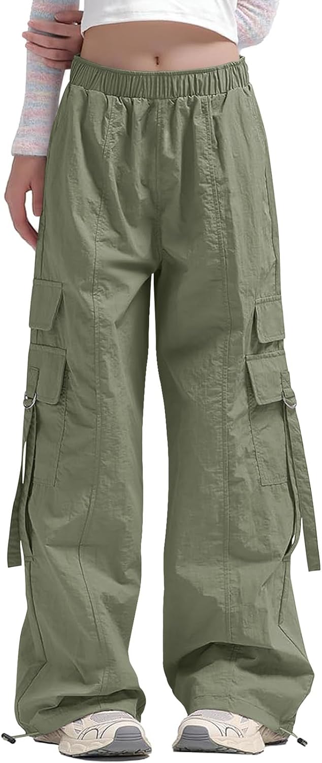 Haloumoning Girls Parachute Pants Kids Wide Leg Cargo Pants Y2K Street Trousers with Pockets 5-14 Years