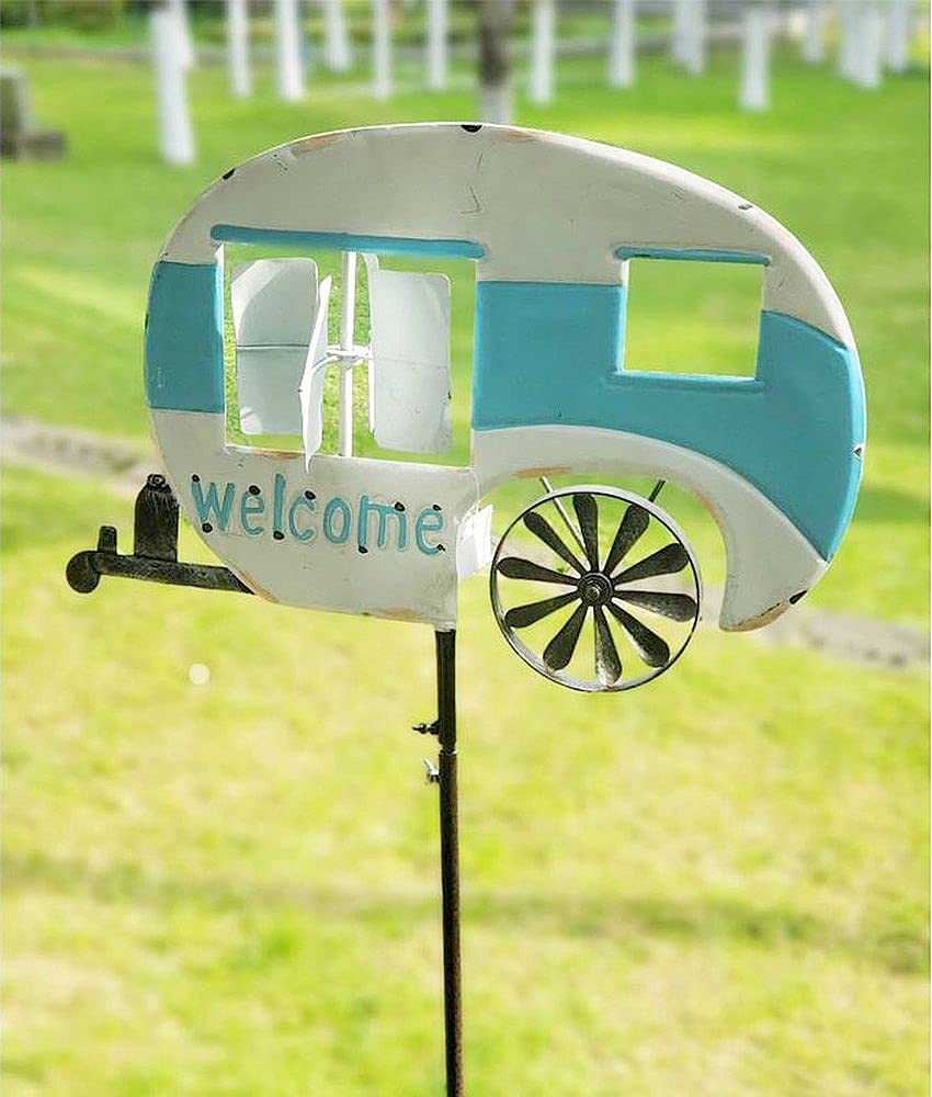 DanDiBo Gartenstecker Metall Wohnwagen XL 160 cm Blau Weiß Caravan 96103 Windspiel Willkommen Windrad Wetterfest Gartendeko Gartenstab Bodenstecker Camper