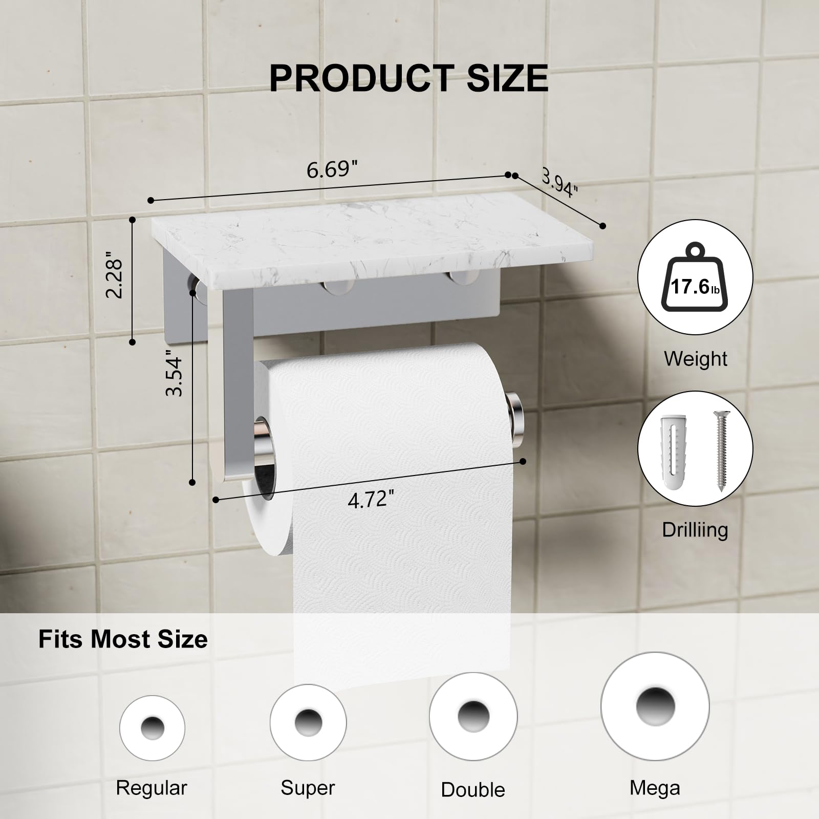 Chrome Toilet Paper Holder with Marble Shelf Tissue Roll Holder — Amazon image 3