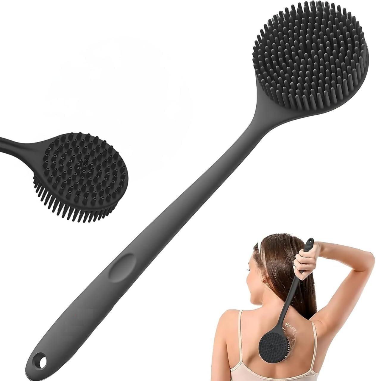ANTIL'S Soft Silicone Back Scrubber with Long Handle for Shower & Bath | Flexible Exfoliating Brush with Gentle Bristles for Smooth Skin | Body Scrubber for Men, Women & Boys | Ideal for Body Wash & Bathing (Black)