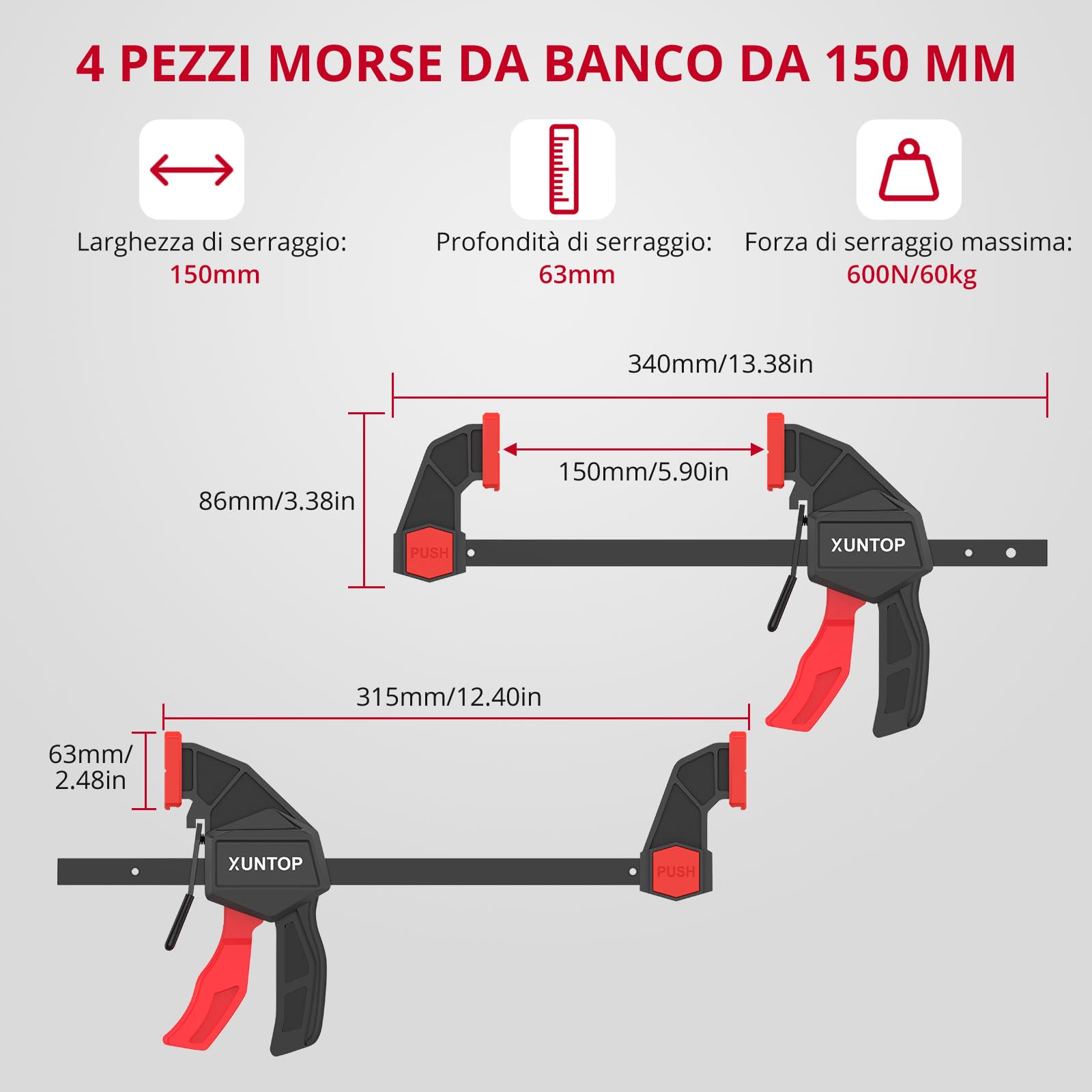XUNTOP Morsetti da Falegname Set di 4 pz Morsetti a C Rapidi da 6" (150mm) Morsetti a Barra Forza di Serraggio 600N/60kg Funzione Sdoppiatore con Pulsante Cambio Rapido per Lavori di Falegnameria