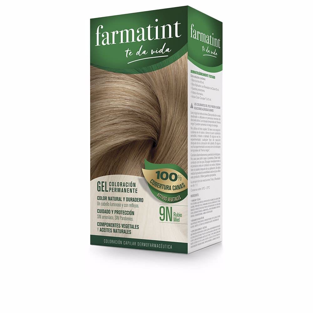 Farmatint 9N Honey Blonde Gel Permanent Vegetable Dye, Ammonia Free, Complete Gray Coverage, Cares and Protects Your Hair, 135 ml Unit