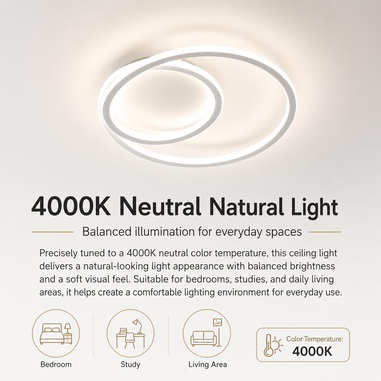 Luminaire plafonnierr LED rond moderne de 40 cm, lustre salon blanc naturel 4000 K, éclairage double face, luminaires intérieur pour salon, chambre à coucher, bureau – Blanc mat, 68 W, aucun | 4000 K, pour salon, chambre, bureau, 68 W