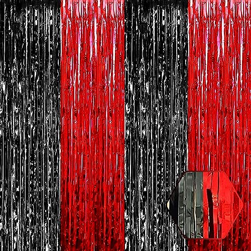 Image of 6 Pack Black Red Foil Fringe Curtain Backdrop, 3.28Ft x 8.2Ft Metallic Tinsel Foil Fringe Streamer Curtains for Photo Booth, Christmas Day, Thanksgiving, Wedding, New Year Party Decorations