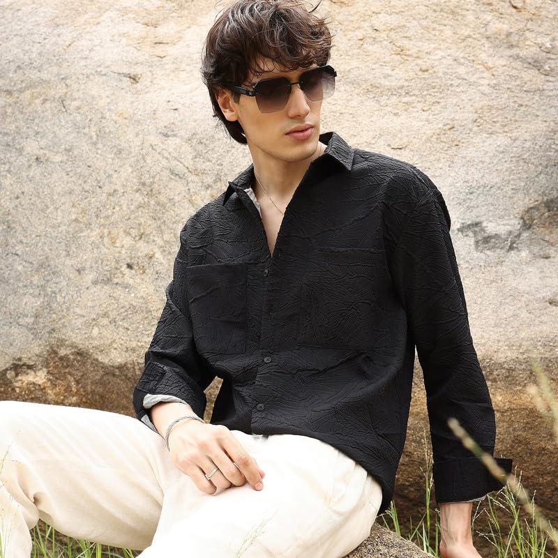 Image of CAHOOT Men's Multitrack Striped Oversized Shirt for Casual Wear | Spread Collar | Long Sleeve | Button Closure | Oversized Shirt Crafted with Comfort Fit for Everyday Wear