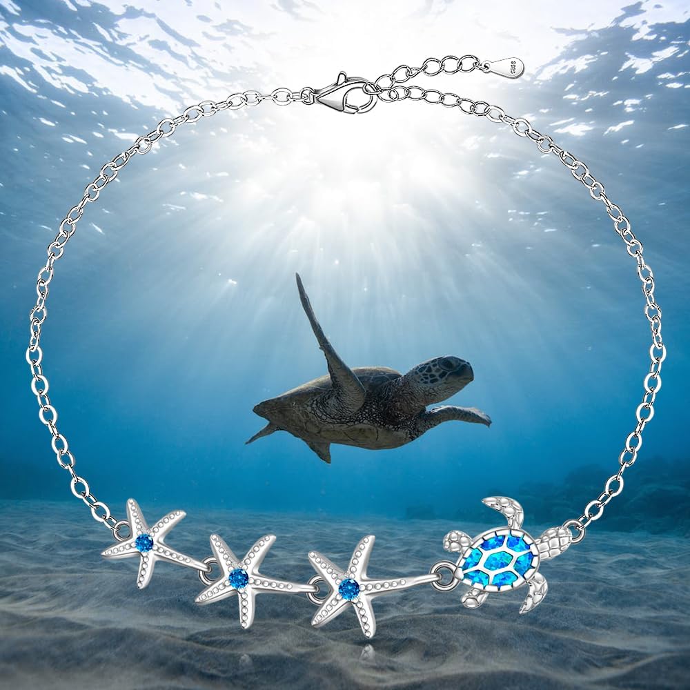 Turtle Anklet Sea Turtle Ankle Bracelets for Women Blue Opal Starfish Beach Turtles Anklets 925 Sterling Silver Ocean Beach Sea Jewelry Summer Gifts Adjustable - Image 7