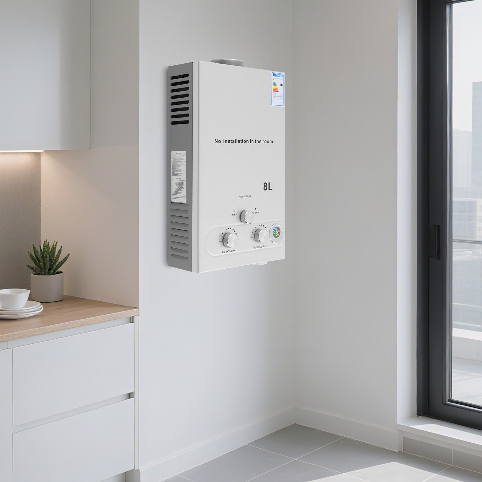 Calentador de agua instantáneo GPL, 16 kW, capacidad 8 l, agua caliente instantánea con alcachofa de ducha y tubo, calentador de agua móvil a gas, para camping, caravana y jardín, alta eficiencia (≥