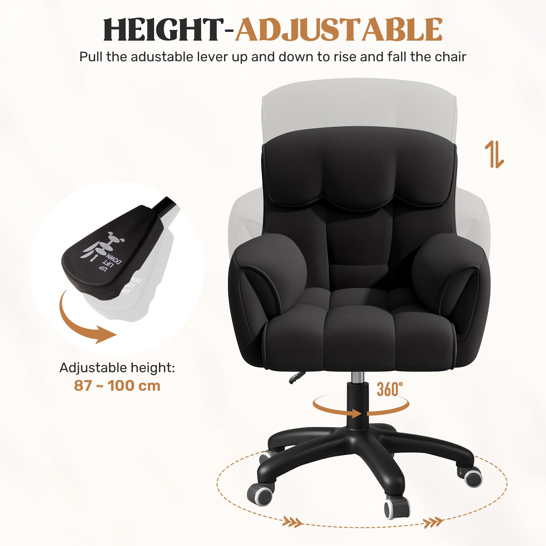 Ergonomischer Bürostuhl, Höhenverstellbarer Schreibtischstuhl mit Armlehnen, 360° Drehfunktion, Samtbezug, für Homeoffice und Büro, Belastbar bis 150 kg, Schwarz