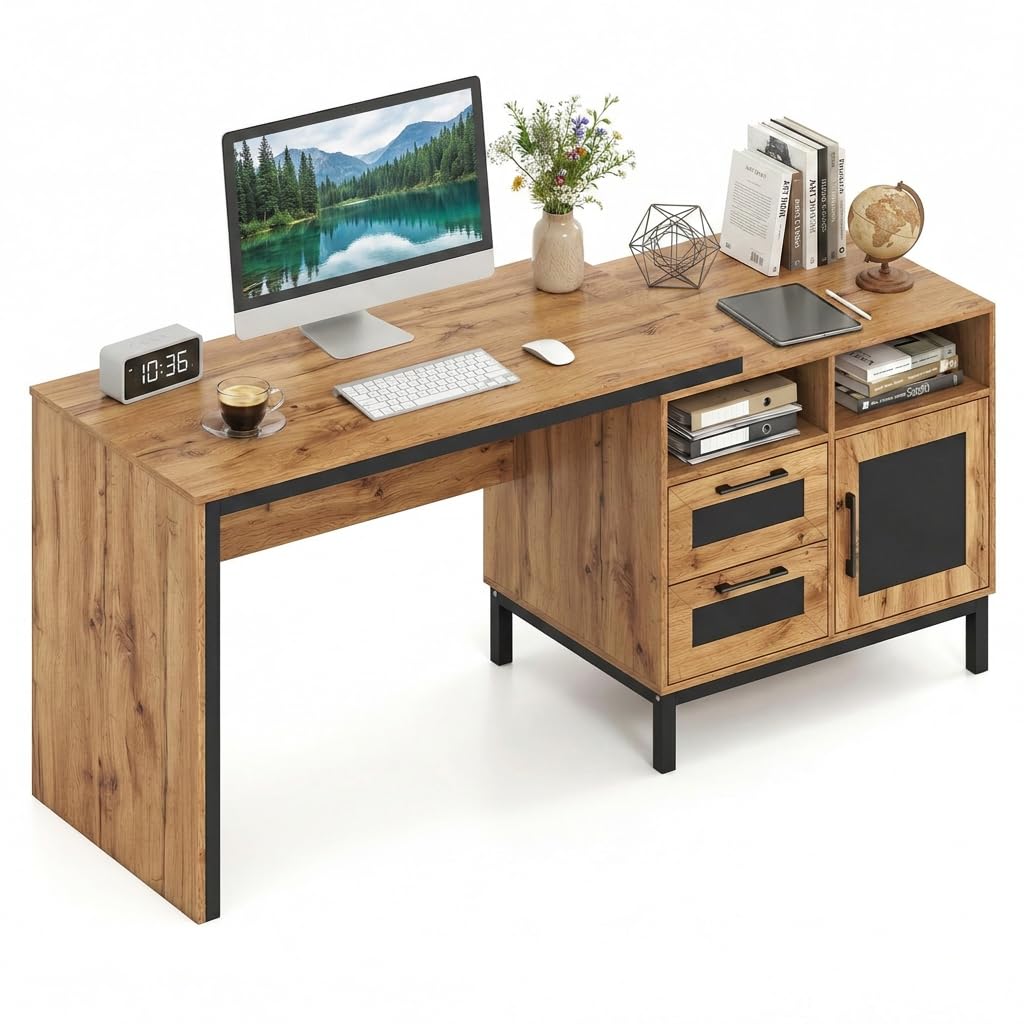 Giantex Escritorio de Ordenador con Cubos de Almacenamiento y Cajones | 2 Cajones, 2 Compartimentos Abiertos y Armario, Mesa de Oficina para Hogar, Estudio, 181 × 60 × 76 cm