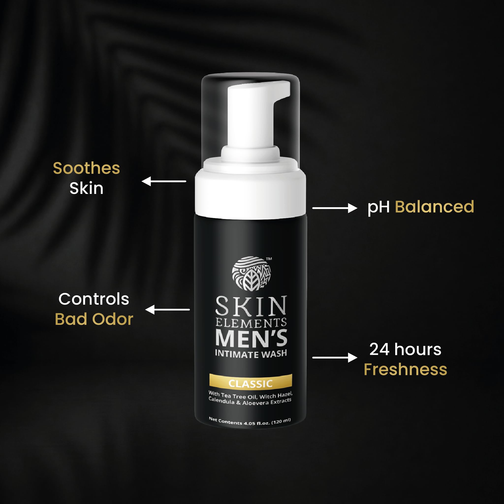 Skin Elements Jabón de higiene íntima para hombre, paquete grande, con recambio, durante 180 días, 14.2 onzas líquidas, lavado espumoso equilibrado de pH | Controla el mal olor | con aceite de árbol