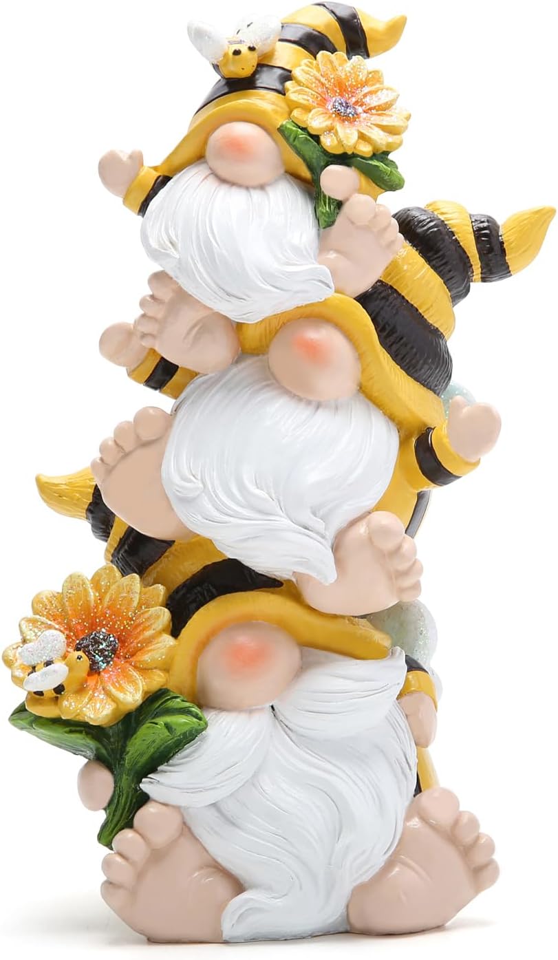 Hodao Bee Gnome Decor Statue, Resin Stacked Gnome Figurine with Sunflower and Bumblebee Details, Cute Farmhouse Tiered Tray Shelf Table Accent for Spring Summer Home Gift