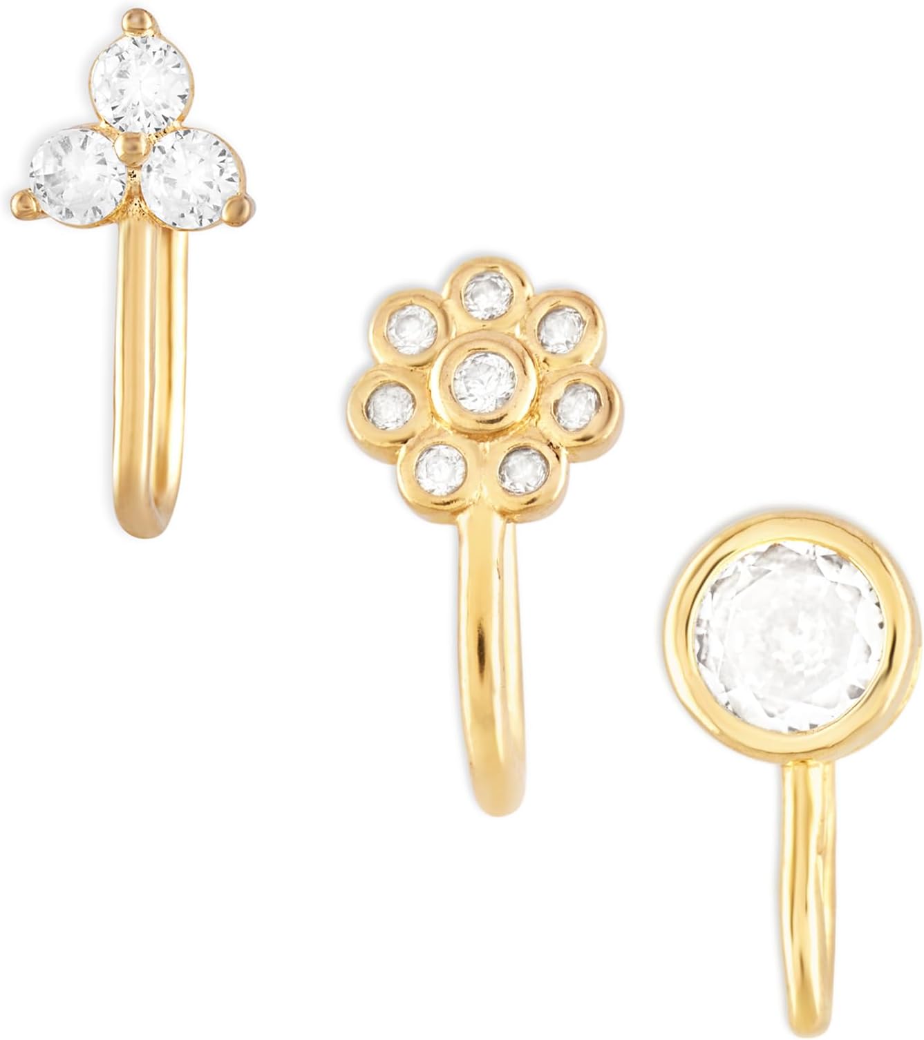 Set of 3 Gold Tone Cubic Zirconia Contemporary Brass Clip On Nose Pins For Women-ZPFK17363