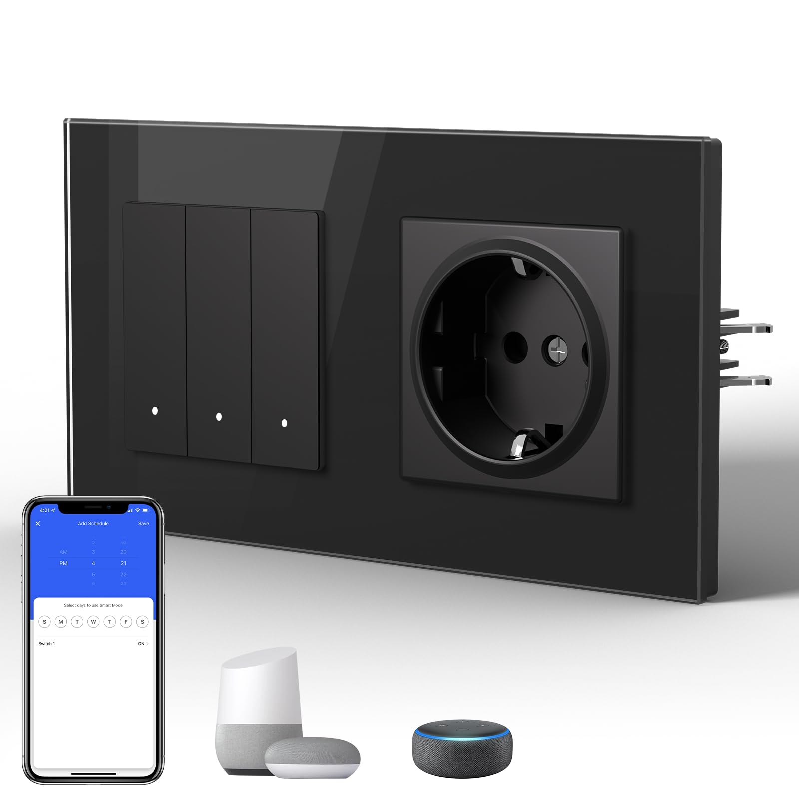 BSEED Steckdose mit Lichtschalter Unterputz 3 Fach 1 Weg WIFI Smart Lichtschalter (Neutralleiter Erforderlich), Compatibel mit Alexa/Google Home，157mm，Schwarz