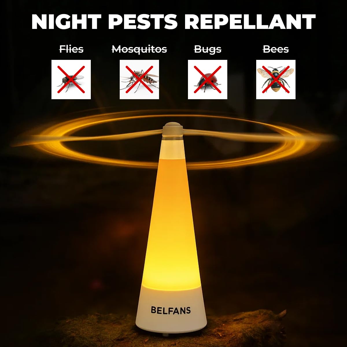 Belfans FlyRepell- Ventilador para mesas, alimentado por USB/recargable, matamoscas sin sonido con cuchillas holográficas, ventilador portátil para abejas, avispas y uso al aire libre