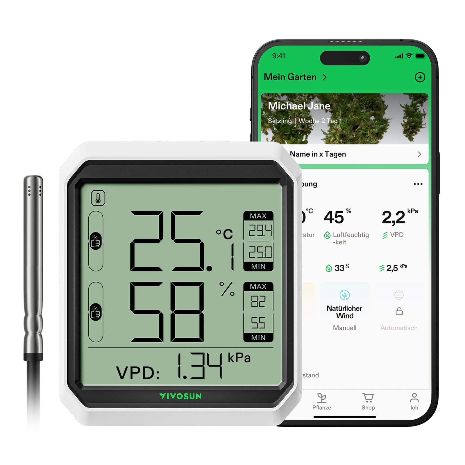 VIVOSUN AeroLab THB1S Drahtloses Bluetooth Hygrometer Thermometer, Digitaler Temperatur- & Feuchtigkeitsmesser mit VPD, LCD-Display, Datenspeicher, Dualkanäle mit Sonde, Batterie