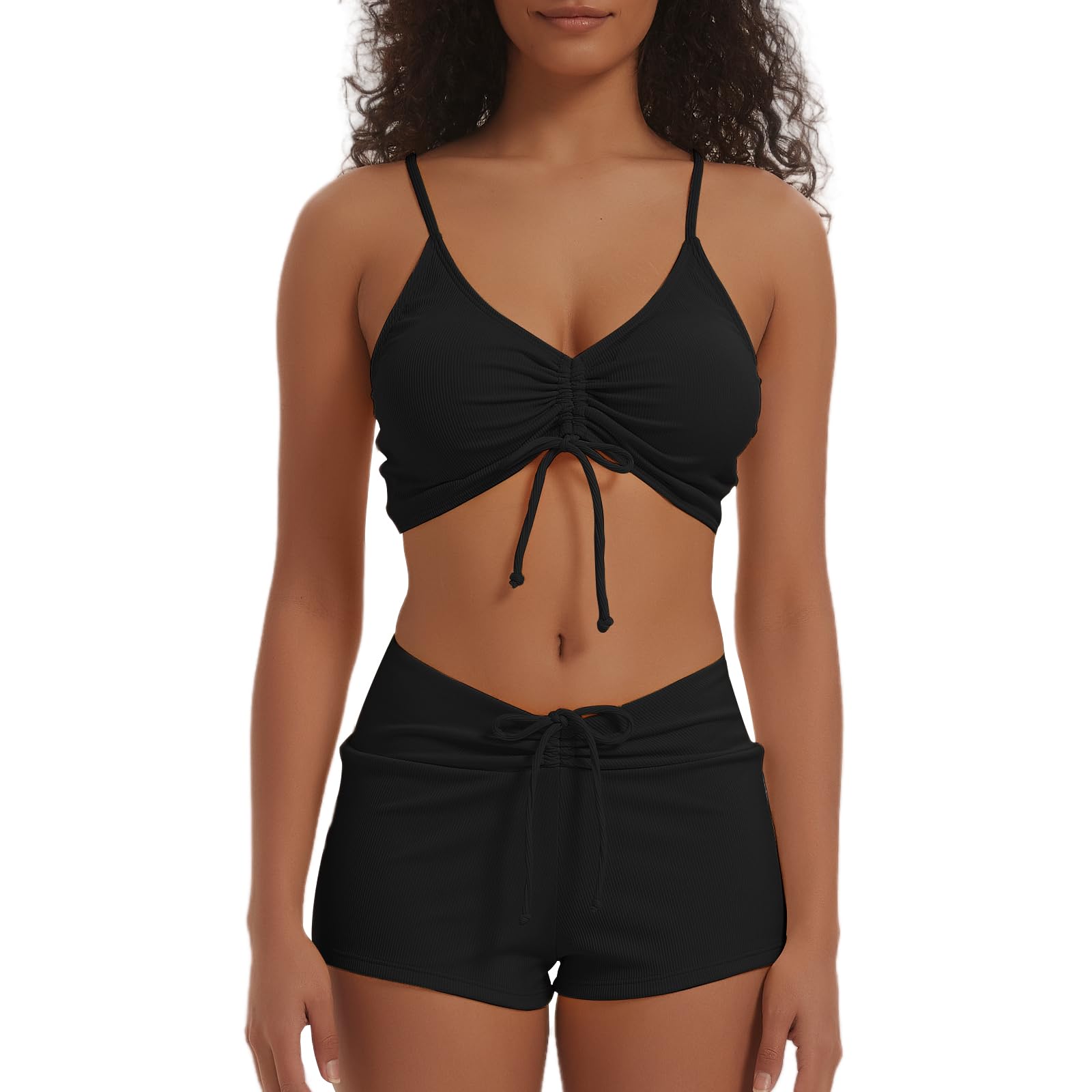Meioro Traje de baño Sólido Conjuntos de Bikinis para Mujer Bikini Sets Corto con Lazo en la Parte Delantera Ropa de Playa de Dos Piezas Trajes de Baño Atléticos