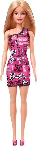Barbie - Bambola bionda con capelli lisci, indossa un abito monospalla rosa e scarpe removibili con stampa del logo, giocattolo per bambini, 3+ anni, HRH07 - 5