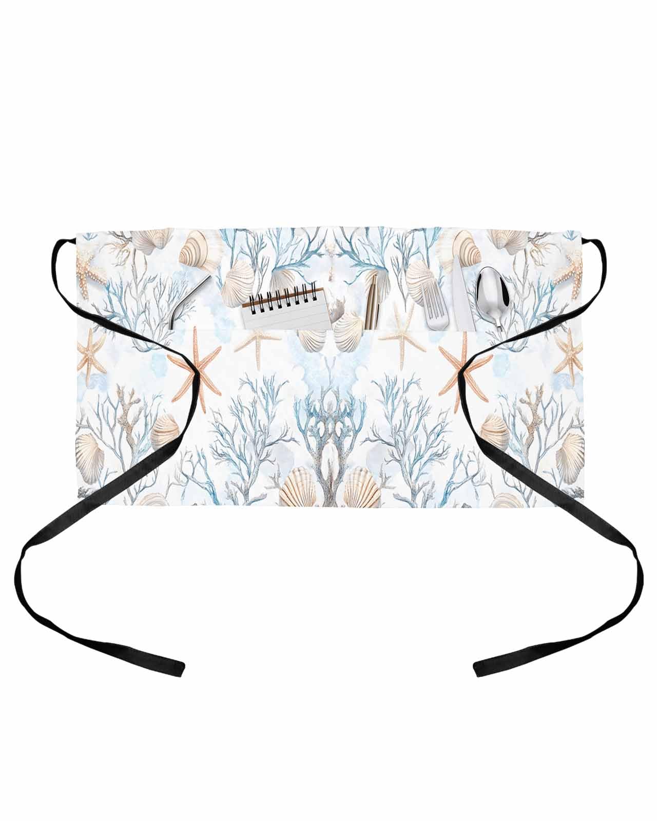 PIEPLE Beach Coastal Server Apron Waitress Aprons with 3 Pockets, Nautical Summer Starfish Coral Sea Half Waist Waiter Aprons Restaurant Chef Aprons for Women Men