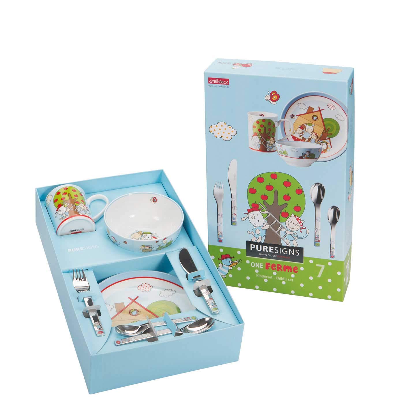 Puresigns Kindergeschirr Set FERME - Bezauberndes 7-teiliges Geschirrset im Bauernhof-Look für Kinder - kindgerecht & spülmaschinenfest Fantasievolles Besteck für kleine Entdecker