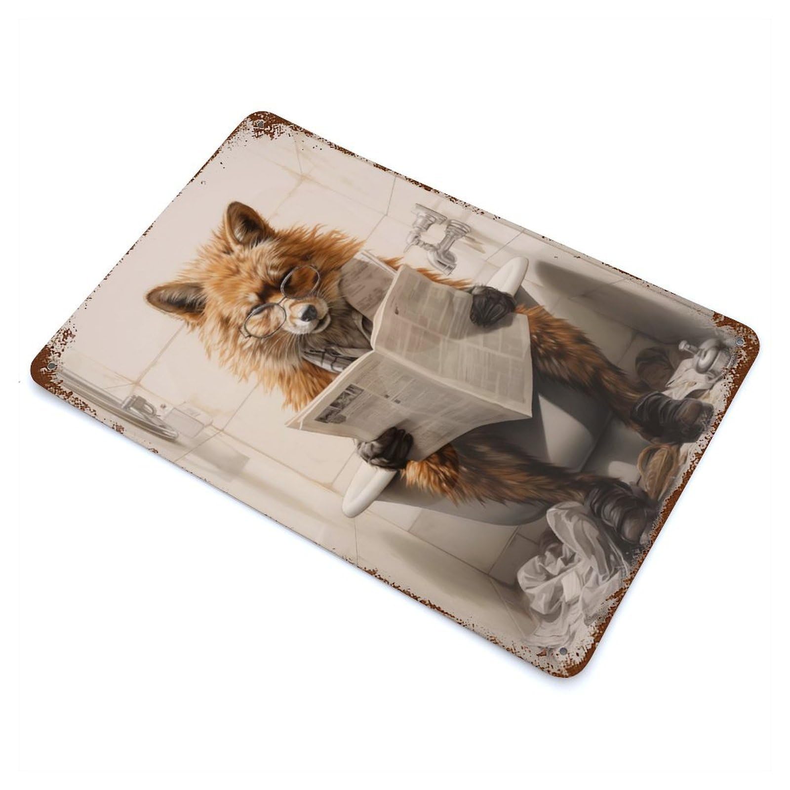 Retro Metal Sign with Cute Fox on Toilet Design 11.8"x7.9", for Living Room, Hallway And Home Decor, Farmhouse Wall Decor