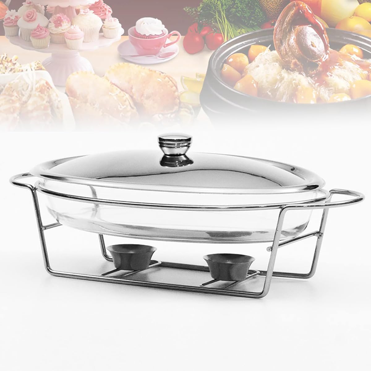 Catering Insulation TrayFood Warmer 3L Food Warming Container Chafing Dish Buffet Set with Glass Pot Metal Lid Stainless Steel Stand Heat Container for,Silver