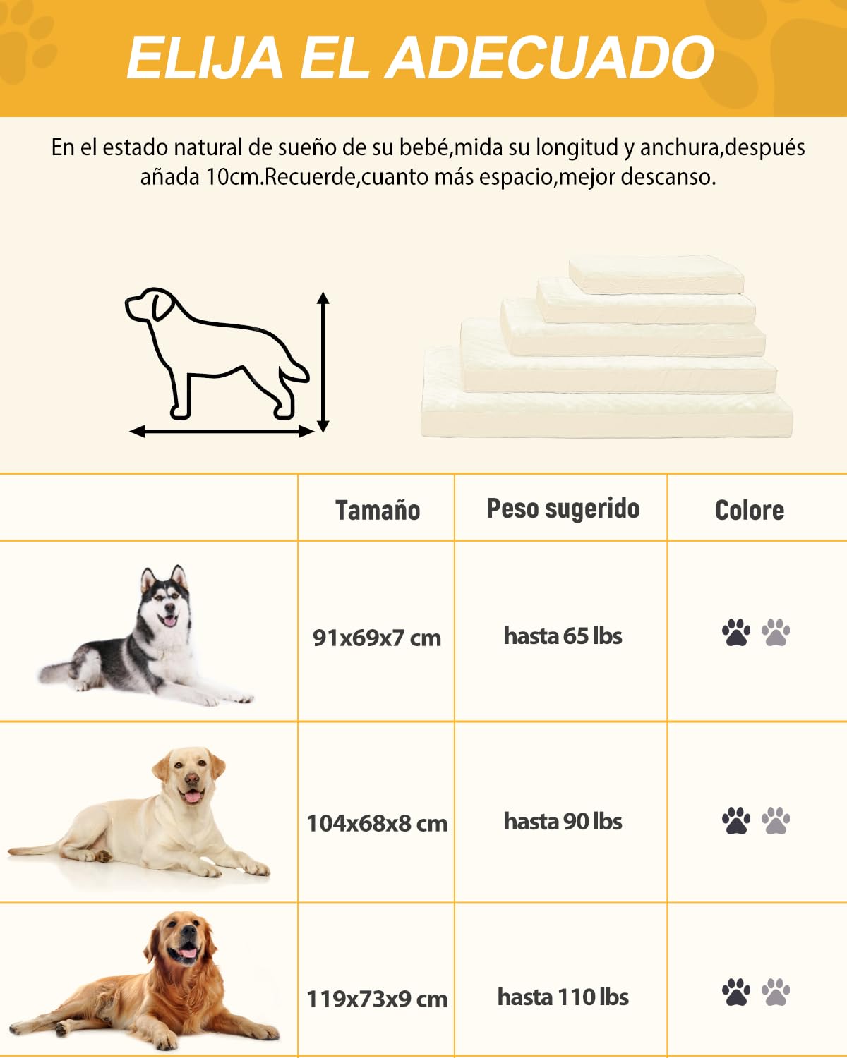 Cama para Perros Grande Ortopédica, Colchón para Perros Colchoneta Perro Lavable, Base Antideslizante, Beige 91x68x7cm