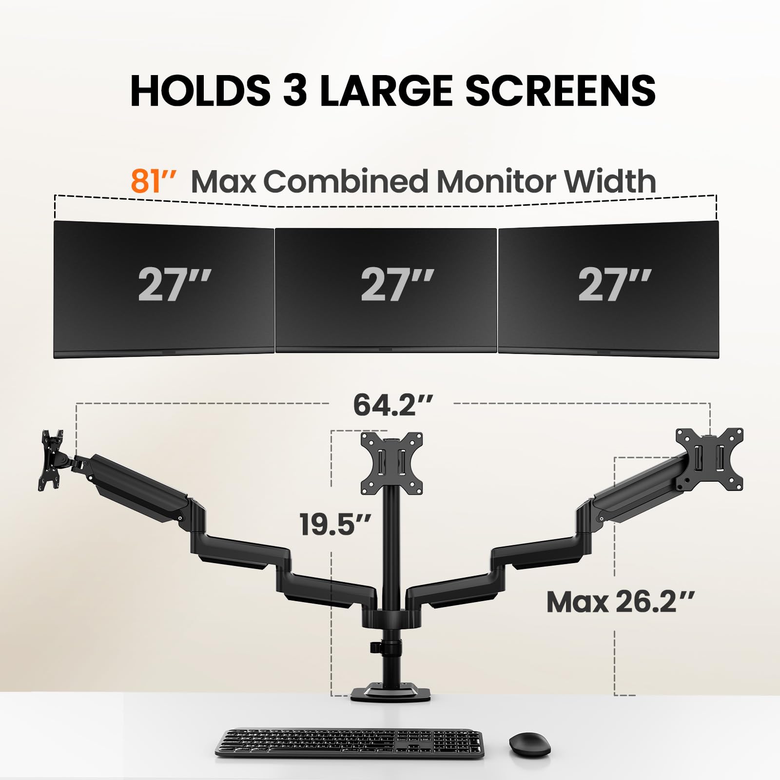 ErGear Support triple écran, ressort à gaz pour écrans de 13 à 27" jusqu'à 8 kg, bras robuste triple avec pivotant, inclinaison, rotation, VESA max 100 x 100 mm, noir