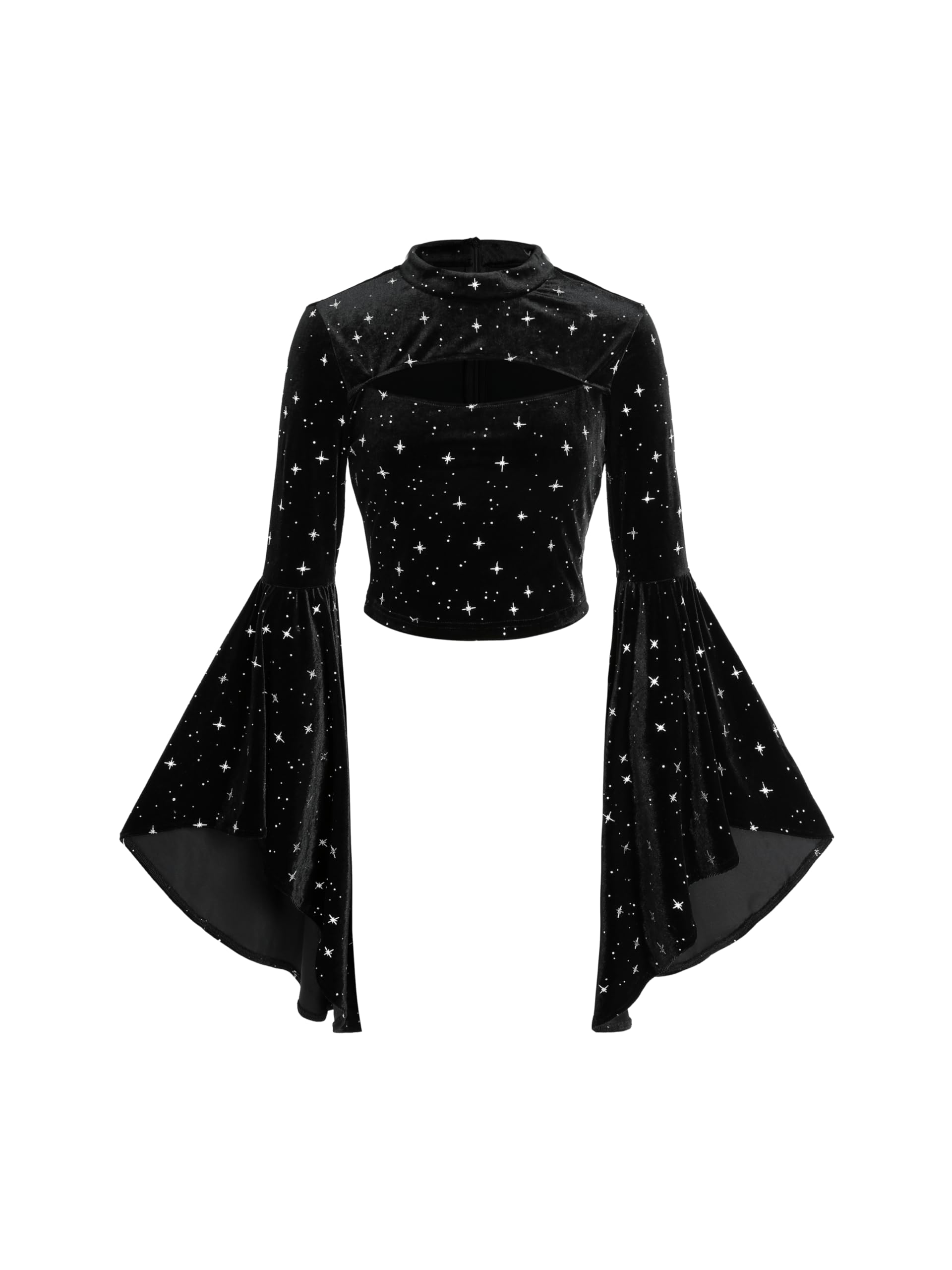 CIDER Velvet Star Pattern Bell Sleeve Crop Top